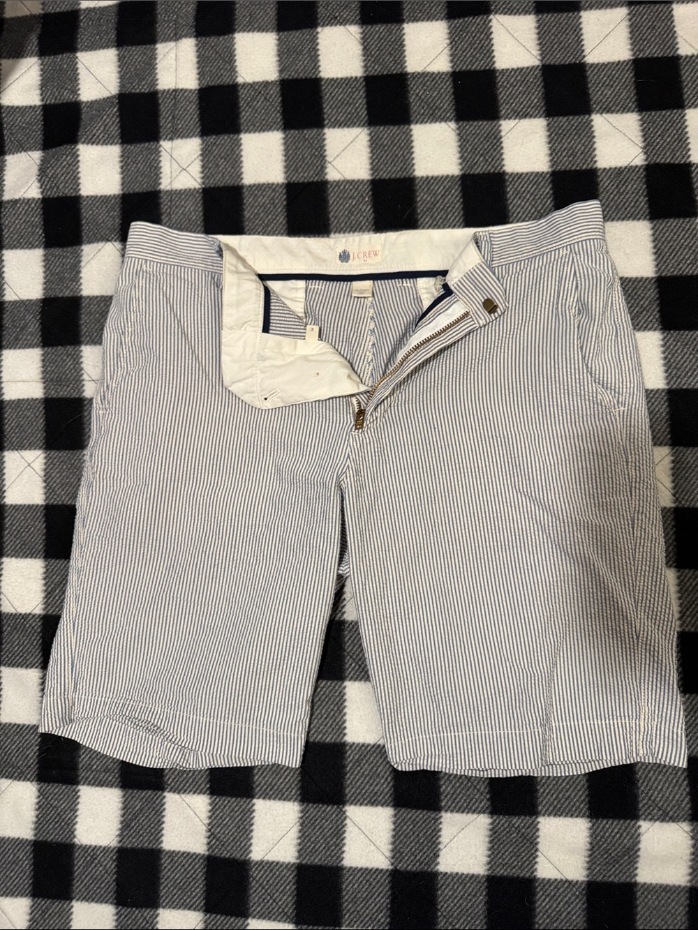 J. Crew Men’s Blue and White Seersucker Flat Front Shorts